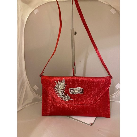 Iris Lane Red Clutch fabric rhinestones purse medium M - Picture 2 of 7